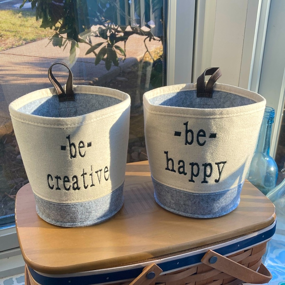 2 Thirty One Felt Hanging Bins in Natural and Whisper Grey - Embroidered